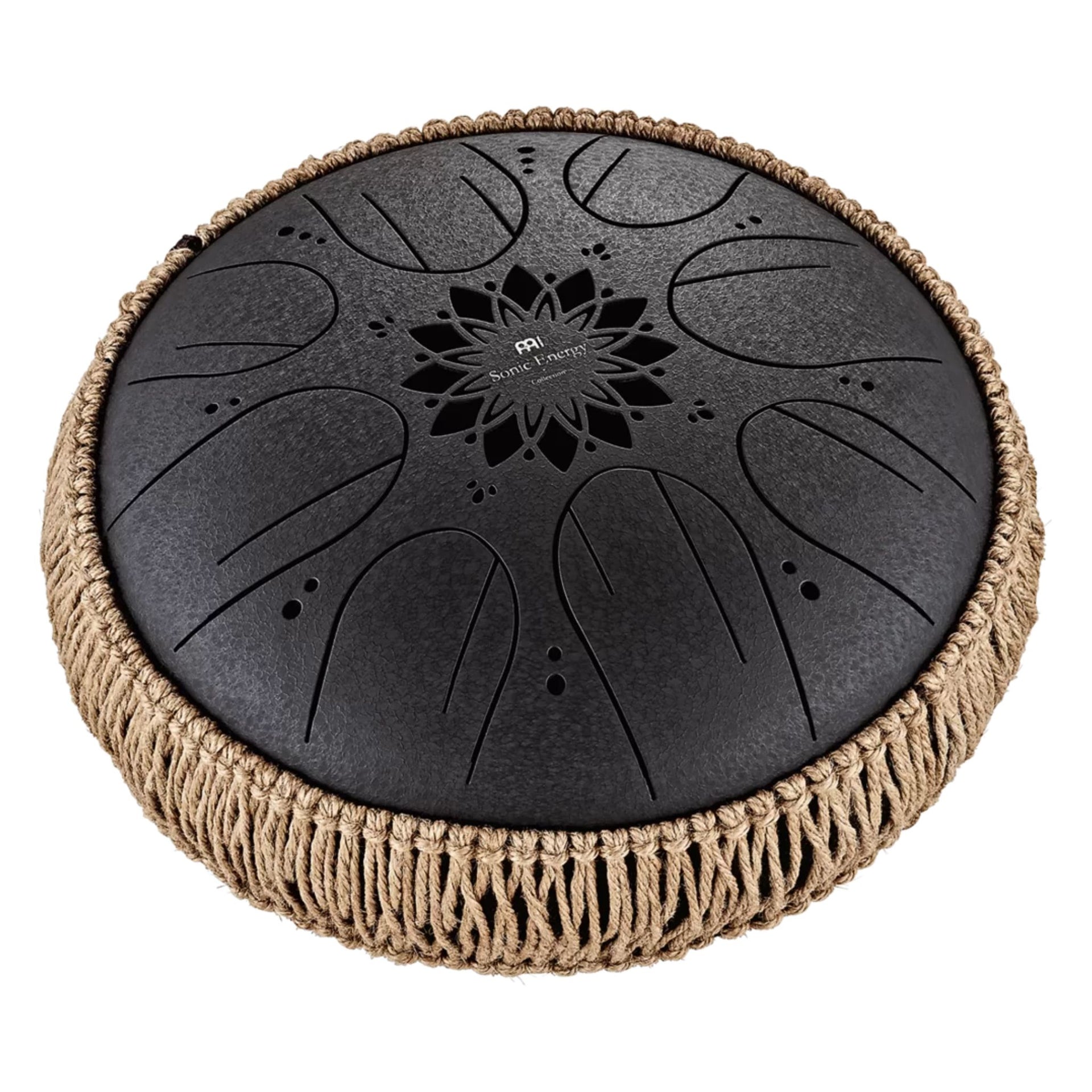 Meinl Sonic Energy Medium Octave Steel Tongue Drum 10" B Minor 432 Hz MOSTD1BK featuring an 8-note stainless steel design with a black finish.
