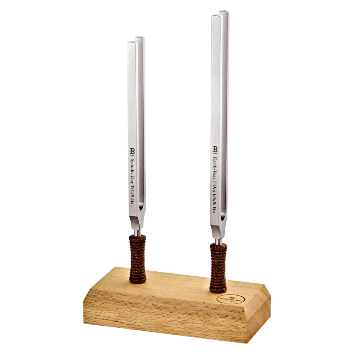Meinl Sonic Energy Planetary Therapy Tuning Fork Day & Night Set TTF-SET-2 featuring Earth Year and Synodic Day therapy tuning forks with cork handles and a wooden holder.