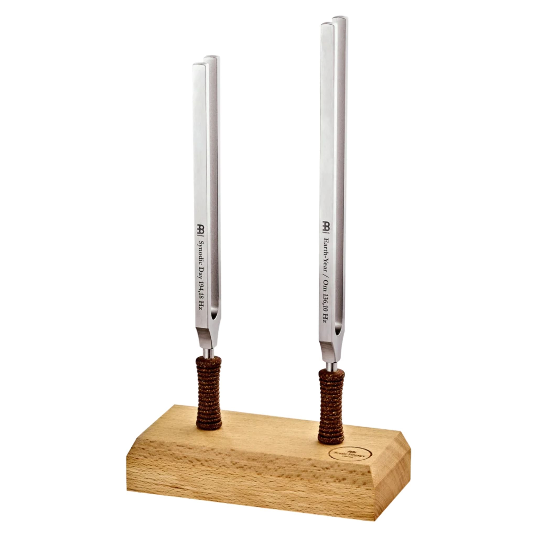 Meinl Sonic Energy Planetary Therapy Tuning Fork Day & Night Set TTF-SET-2 featuring Earth Year and Synodic Day therapy tuning forks with cork handles and a wooden holder.