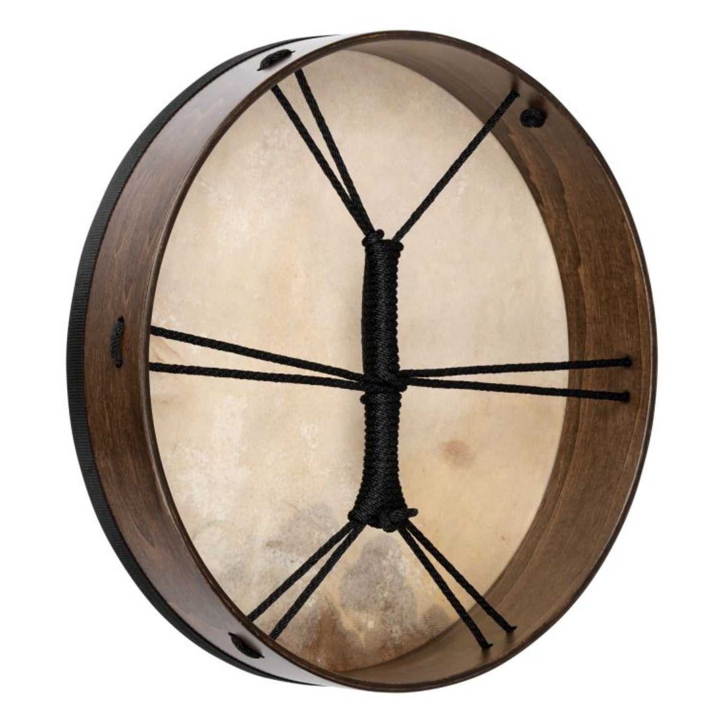 rear view of Meinl Sonic Energy Ritual Frame Drum 18 inch Goat Skin RD18WB showing cord cross grip and walnut brown wooden frame construction