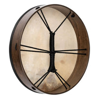 rear view of Meinl Sonic Energy Ritual Frame Drum 18 inch Goat Skin RD18WB showing cord cross grip and walnut brown wooden frame construction