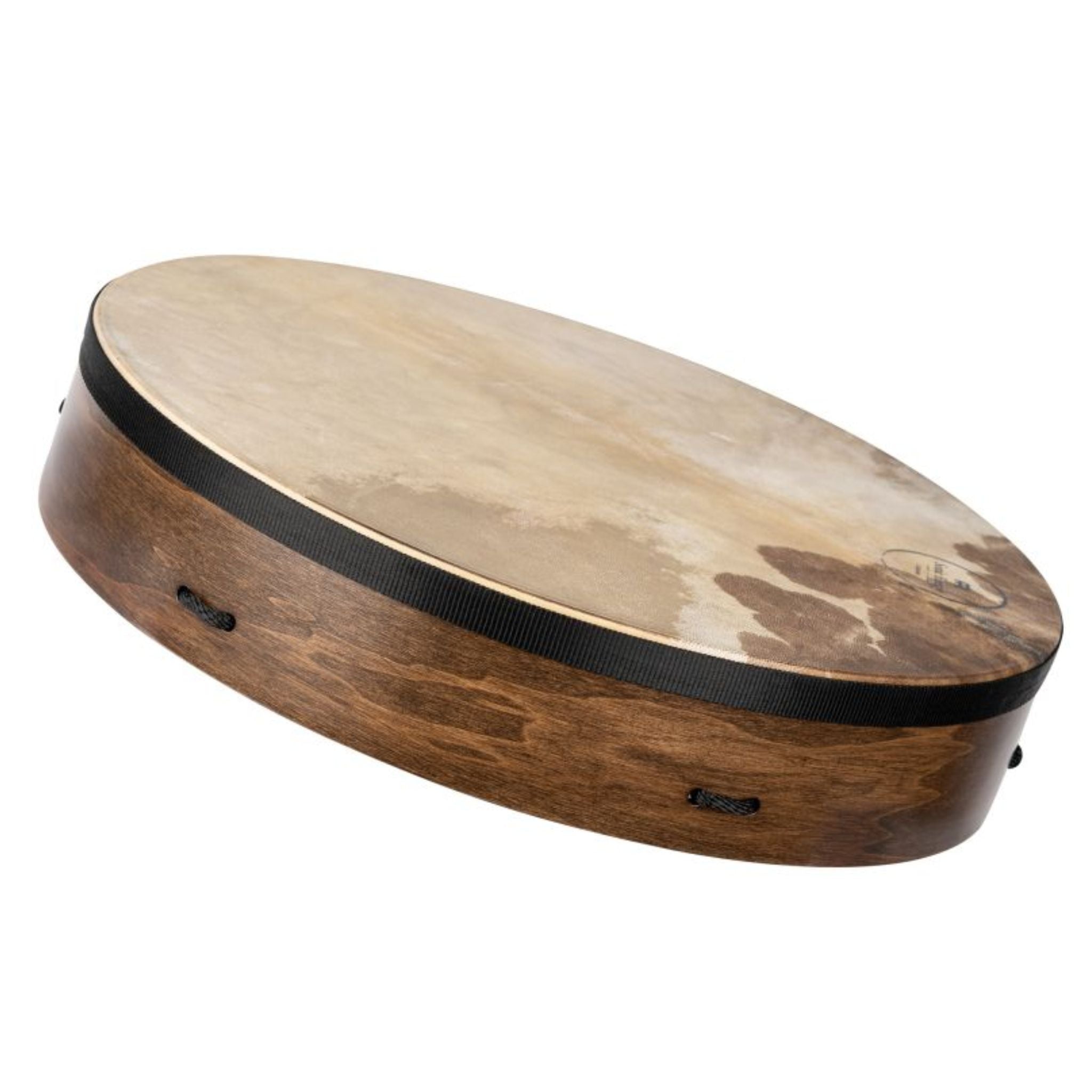side view of Meinl Sonic Energy Ritual Frame Drum 18 inch Goat Skin RD18WB showing natural goat skin head, frame depth, and walnut brown wooden construction