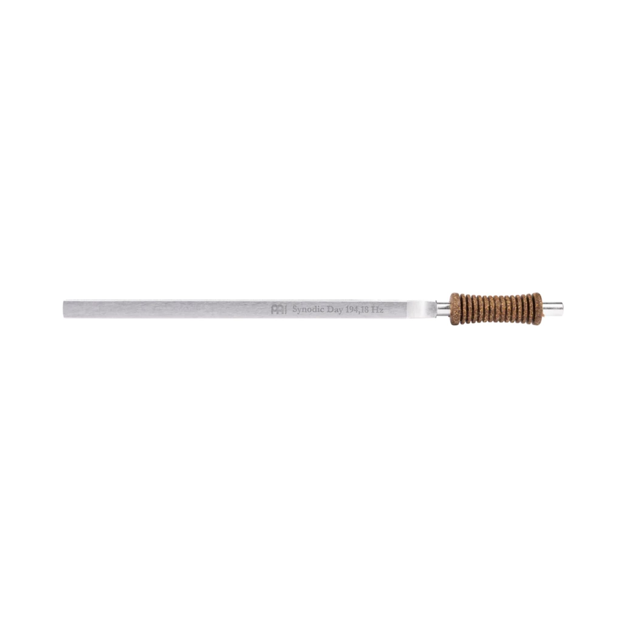 Side view of the Meinl Sonic Energy Synodic Day Therapy Tuning Fork 194.18 Hz TTF-E-SY showing the nickel-plated steel fork and ergonomically shaped cork handle.