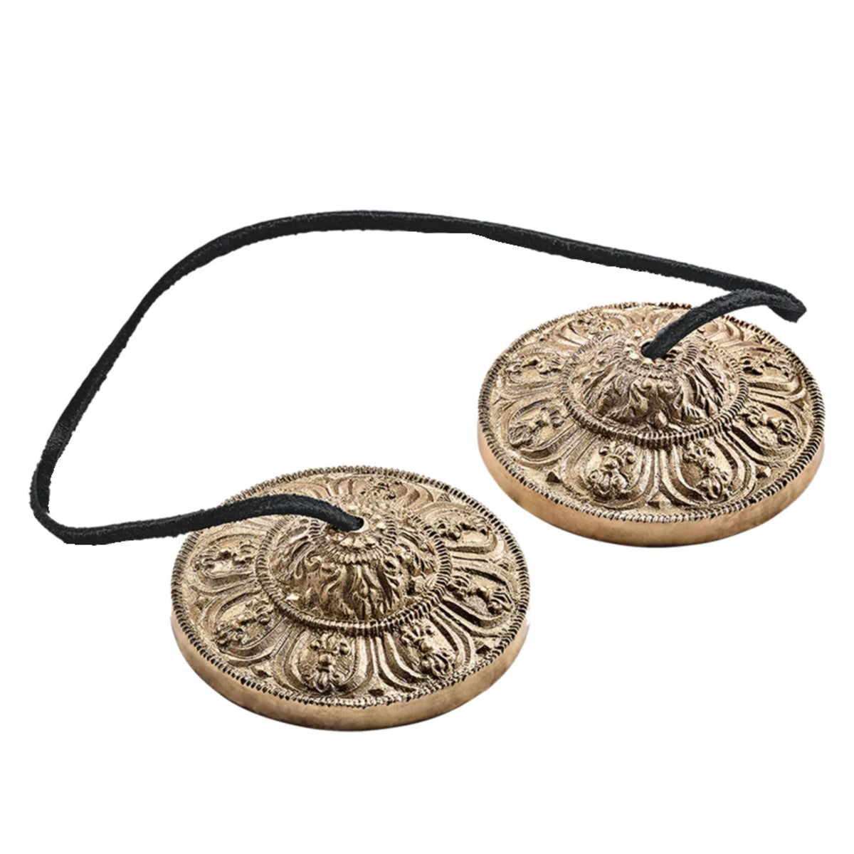Meinl Sonic Energy TINGSHA-OR 3.15-inch tingshas featuring an ornamental design and connecting cord.