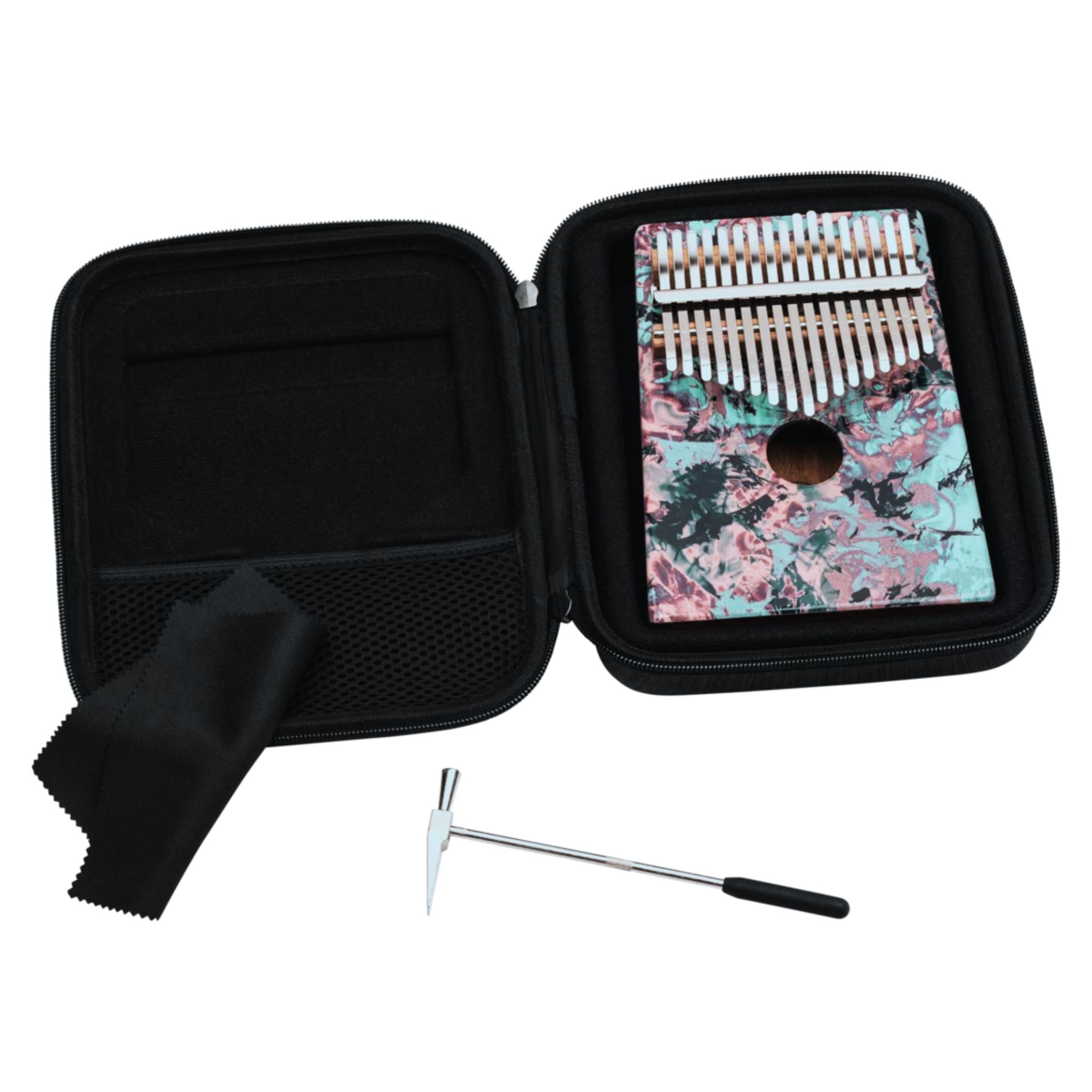 open carrying case containing Meinl Sound Hole Designer Kalimba Coral Reef KA17CR with included tuning hammer and microfiber cleaning cloth for storage, maintenance, and transport.