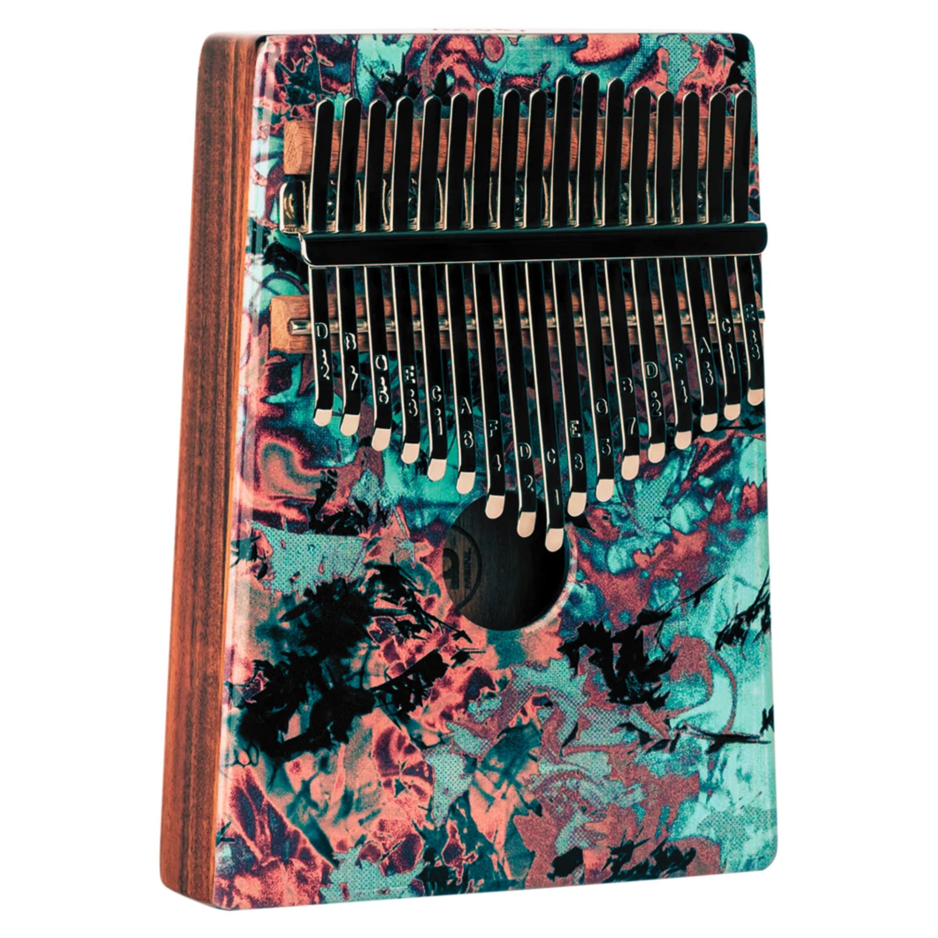 Meinl Sound Hole Designer Kalimba Coral Reef KA17CR on white background featuring 17-note C Major tuning, acacia wood body, chrome-plated steel tines, and coral reef-inspired artwork for melodic sound exploration, relaxation, and creative music making.