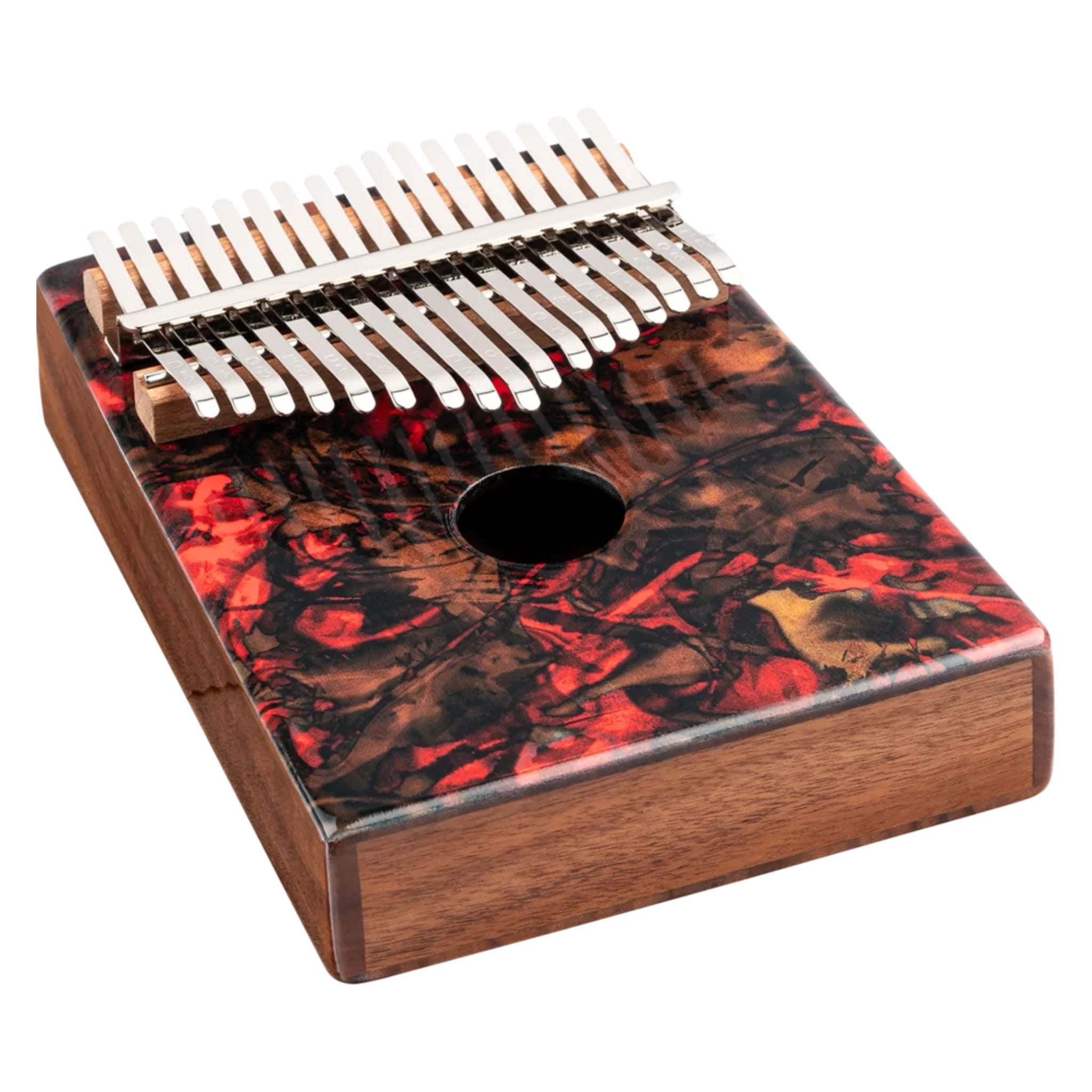 Meinl Sound Hole Designer Kalimba Lava KA17LV from angled perspective highlighting chrome-plated steel tines, sound hole design, and decorative lava finish on acacia wood body
