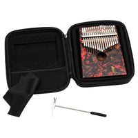 Meinl Sound Hole Designer Kalimba Lava KA17LV stored inside open protective carrying case showing included travel pouch for safe transport and storage of the 17-note kalimba.
