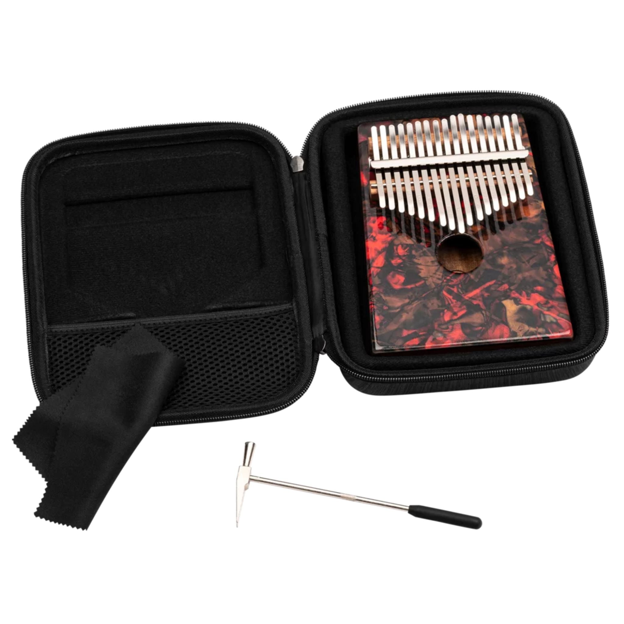 Meinl Sound Hole Designer Kalimba Lava KA17LV stored inside open protective carrying case showing included travel pouch for safe transport and storage of the 17-note kalimba.
