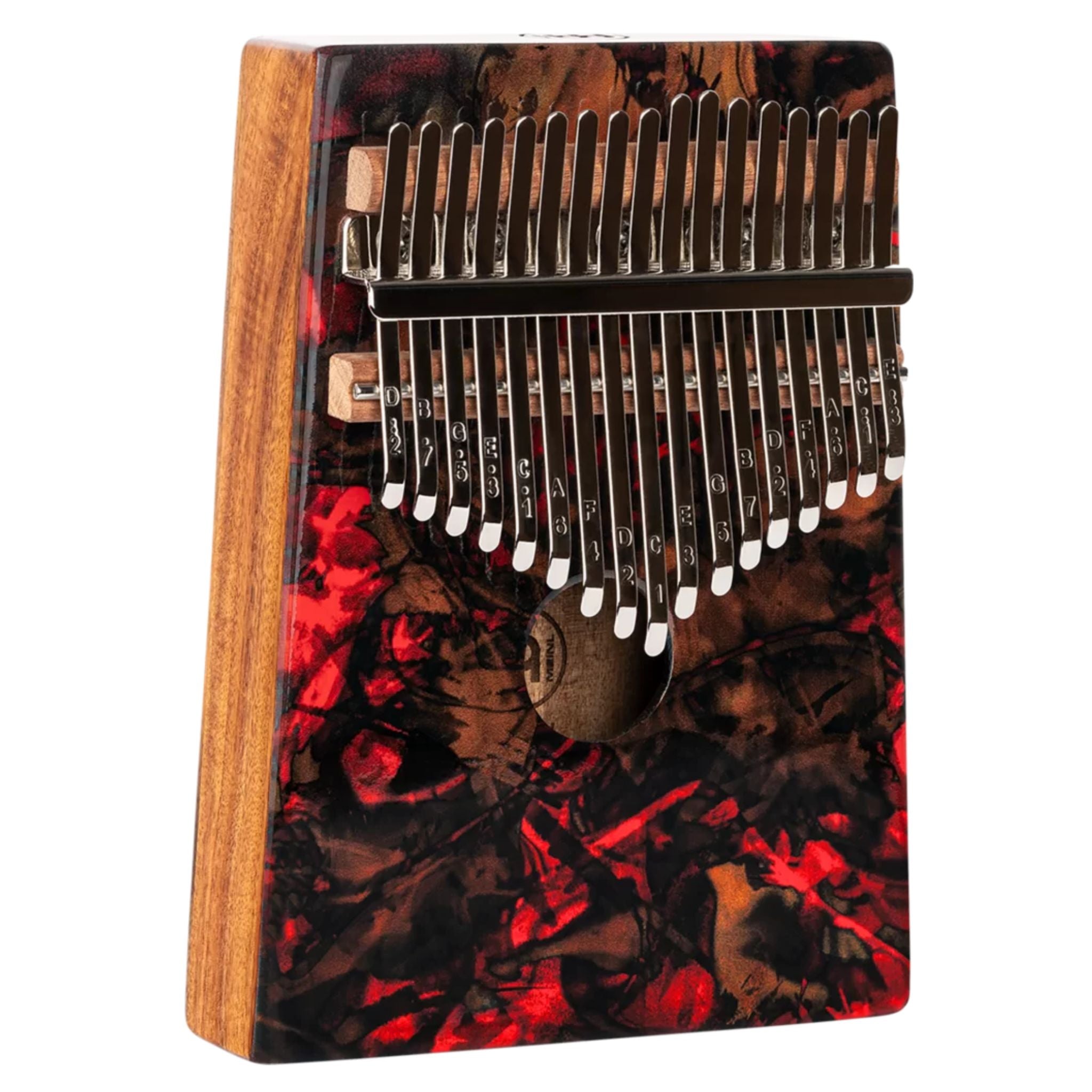 Meinl Sound Hole Designer Kalimba Lava KA17LV on white background featuring 17-note C Major tuning, acacia wood body, chrome-plated steel tines, and lava-inspired artwork for melodic sound exploration and relaxation.