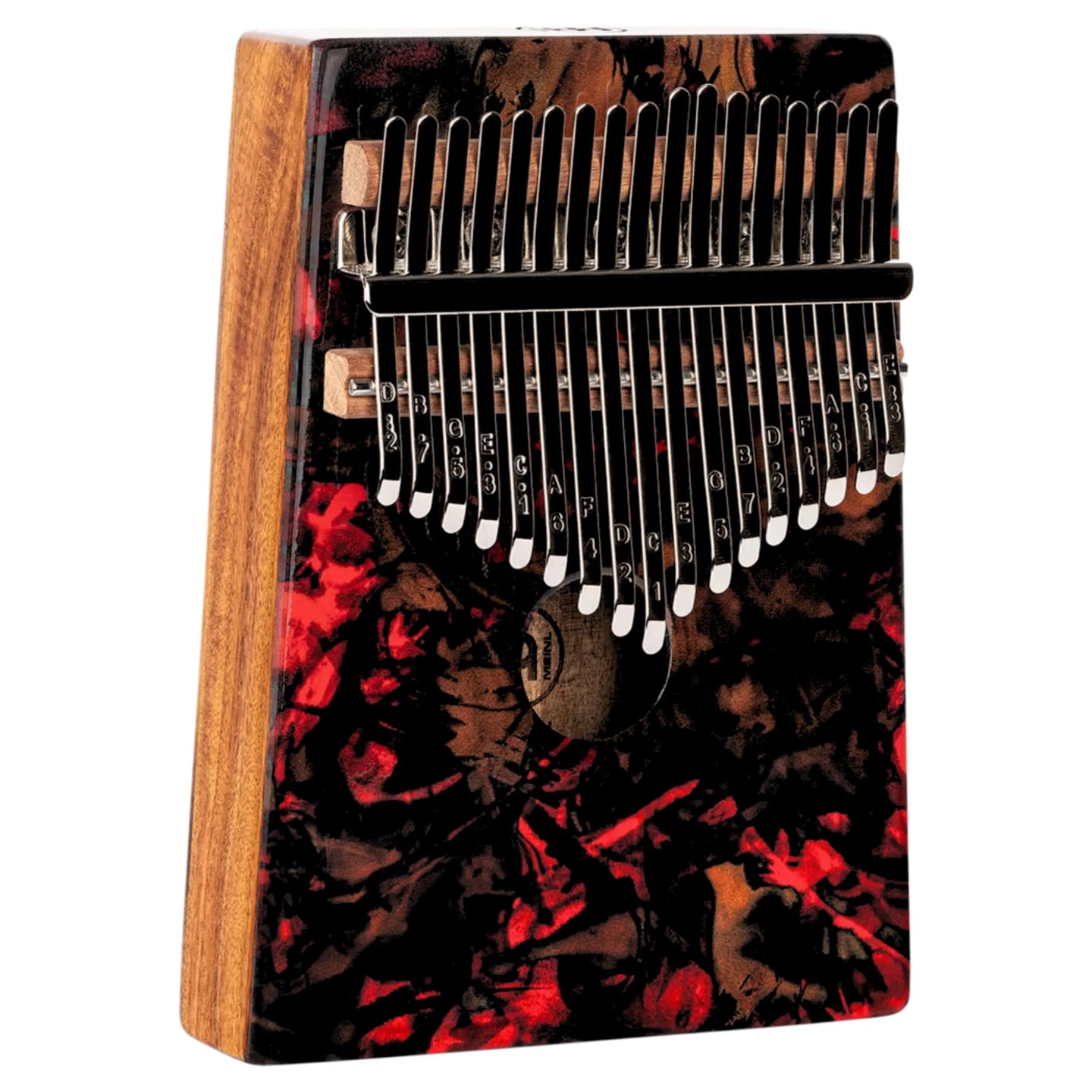 Meinl Sound Hole Designer Kalimba Lava KA17LV on white background featuring 17-note C Major tuning, acacia wood body, chrome-plated steel tines, and lava-inspired artwork for melodic sound exploration and relaxation.