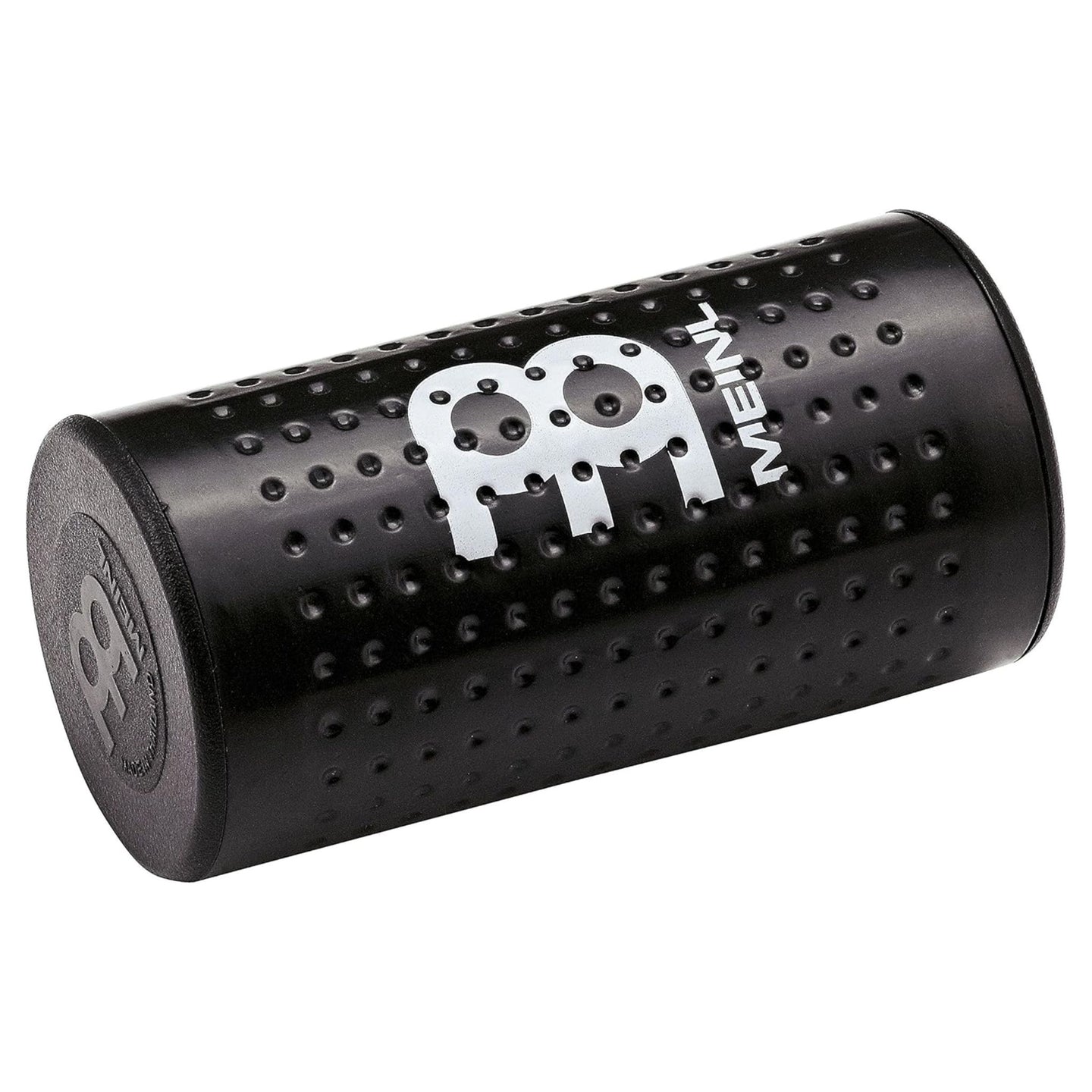 Meinl Studiomix Shaker medium volume in black (SH12-M-BK), angled view showing textured cylindrical body designed for controlled studio-ready shaker response.