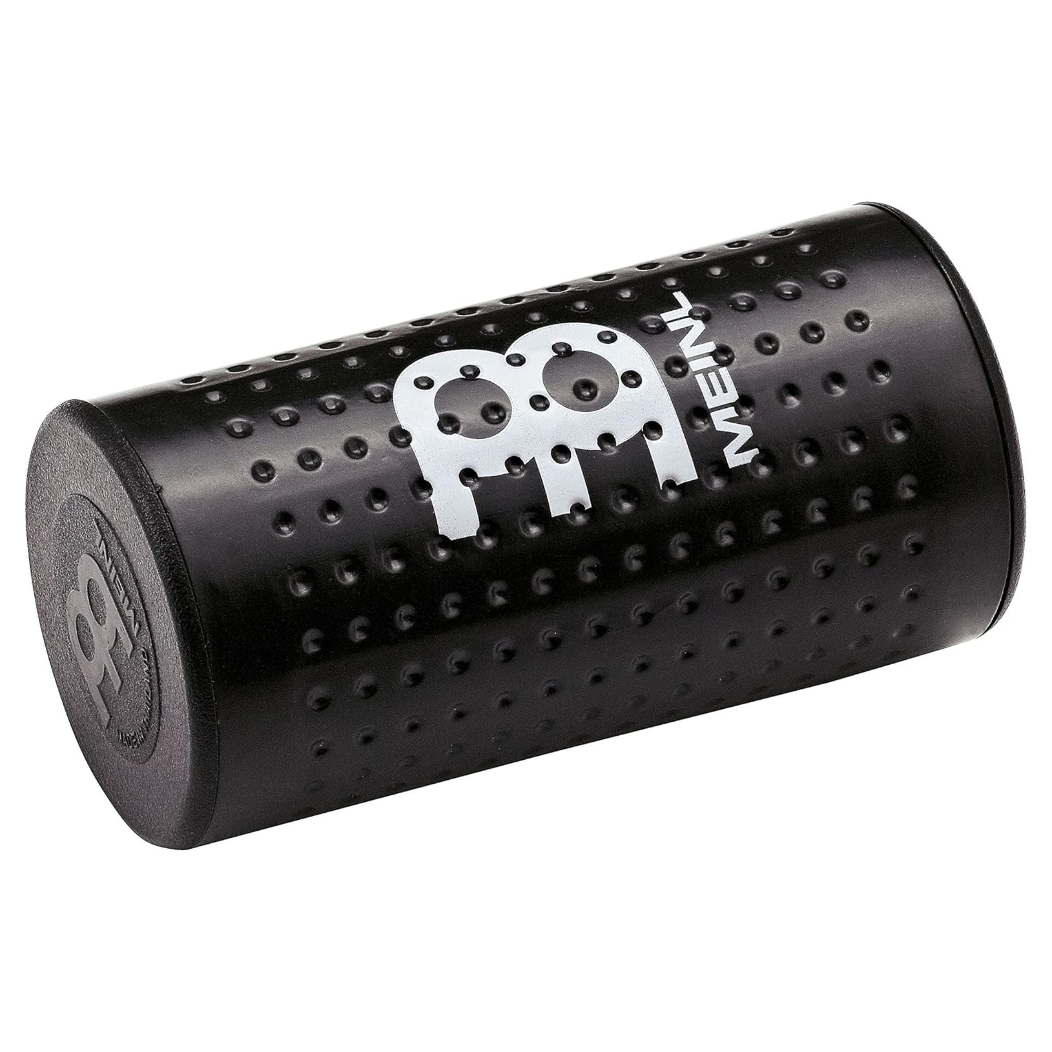 Meinl Studiomix Shaker medium volume in black (SH12-M-BK), angled view showing textured cylindrical body designed for controlled studio-ready shaker response.
