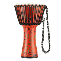 Side view of the Meinl Travel Series Djembe Drum 10" Pharaoh's Script PADJ1-M-F showing the synthetic shell and rope-tuned construction.