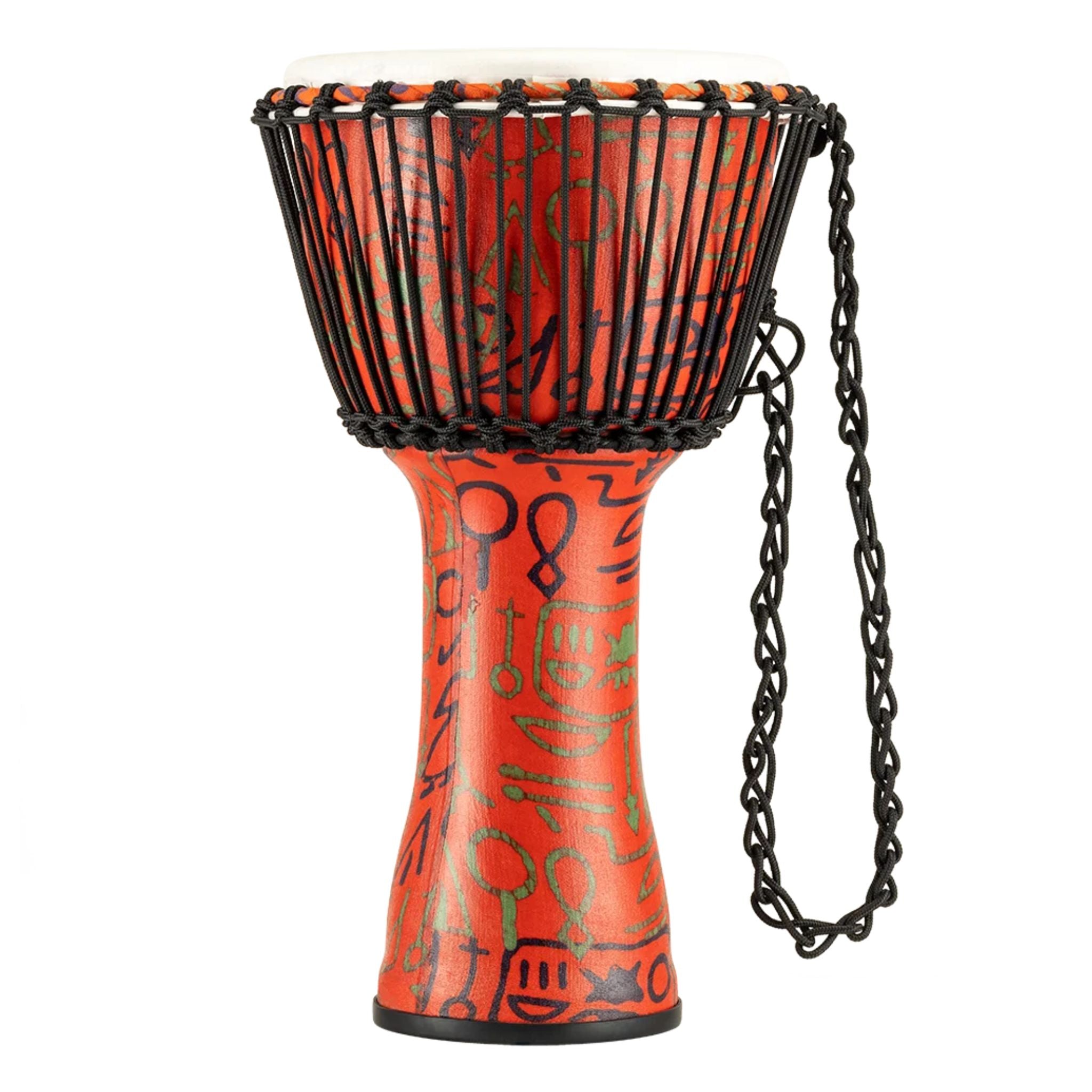 Side view of the Meinl Travel Series Djembe Drum 10" Pharaoh's Script PADJ1-M-F showing the synthetic shell and rope-tuned construction.