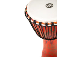Close-up of the synthetic drum head and rope-tuned shell on the Meinl Travel Series Djembe Drum 10" Pharaoh's Script PADJ1-M-F.