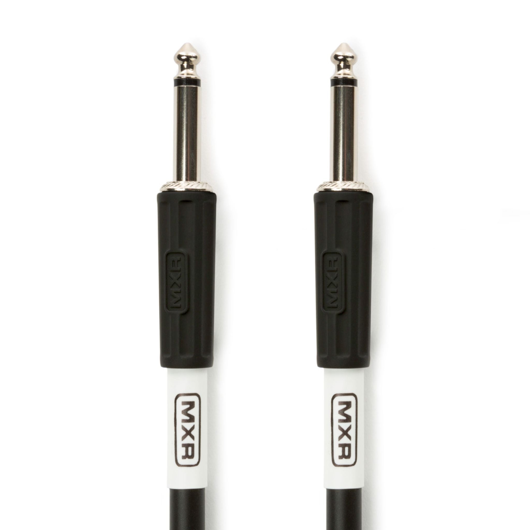 Close-up of MXR Standard Instrument Cable DCIS10 straight 1/4 inch connectors, designed for reliable signal transfer between electronic drum kits, instruments, and amplifiers.