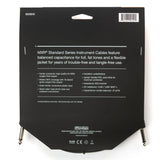 Rear packaging view of MXR Standard Instrument Cable 10 ft DCIS10 showing specifications and features for connecting electronic drum kits, guitars, or instruments to amplifiers and audio equipment.