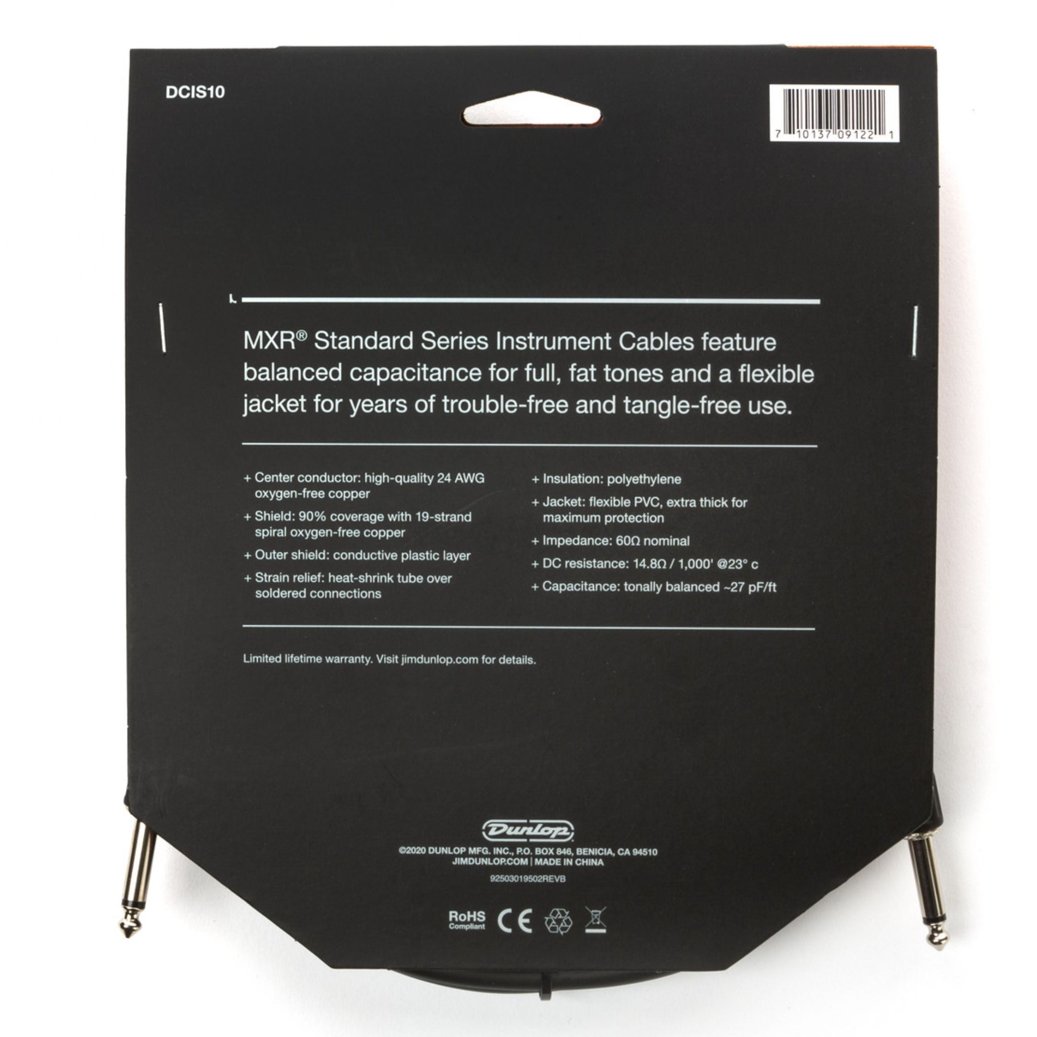 Rear packaging view of MXR Standard Instrument Cable 10 ft DCIS10 showing specifications and features for connecting electronic drum kits, guitars, or instruments to amplifiers and audio equipment.