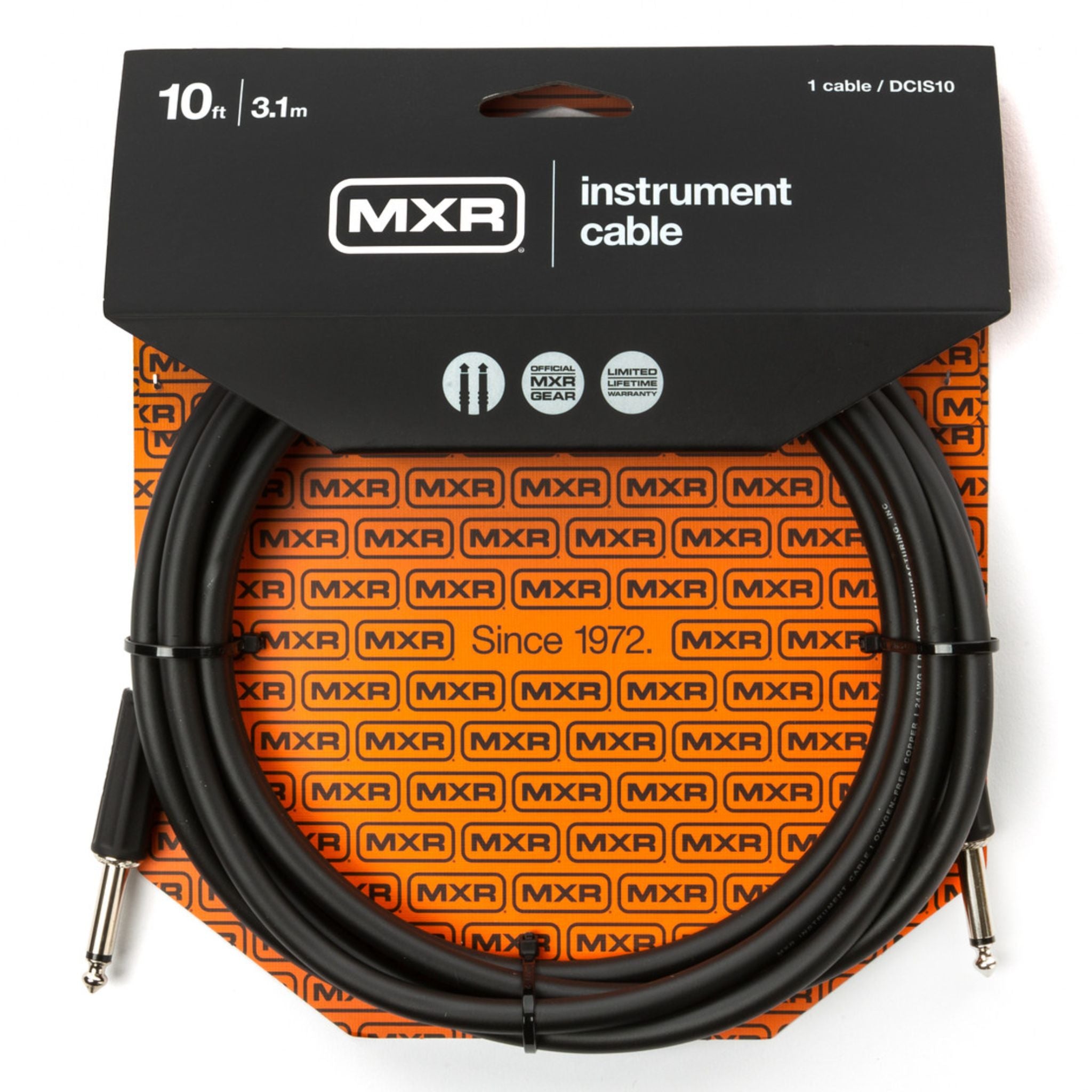 MXR Standard Instrument Cable 10 ft DCIS10 with straight connectors, packaged cable suitable for connecting an electronic drum kit to an amplifier, speaker, or audio interface.