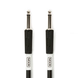 Close-up of MXR Standard Instrument Cable 20 ft DCIS20 straight 1/4 inch connectors, built for dependable signal transfer between electronic drum kits, guitars, keyboards, and amplifiers.