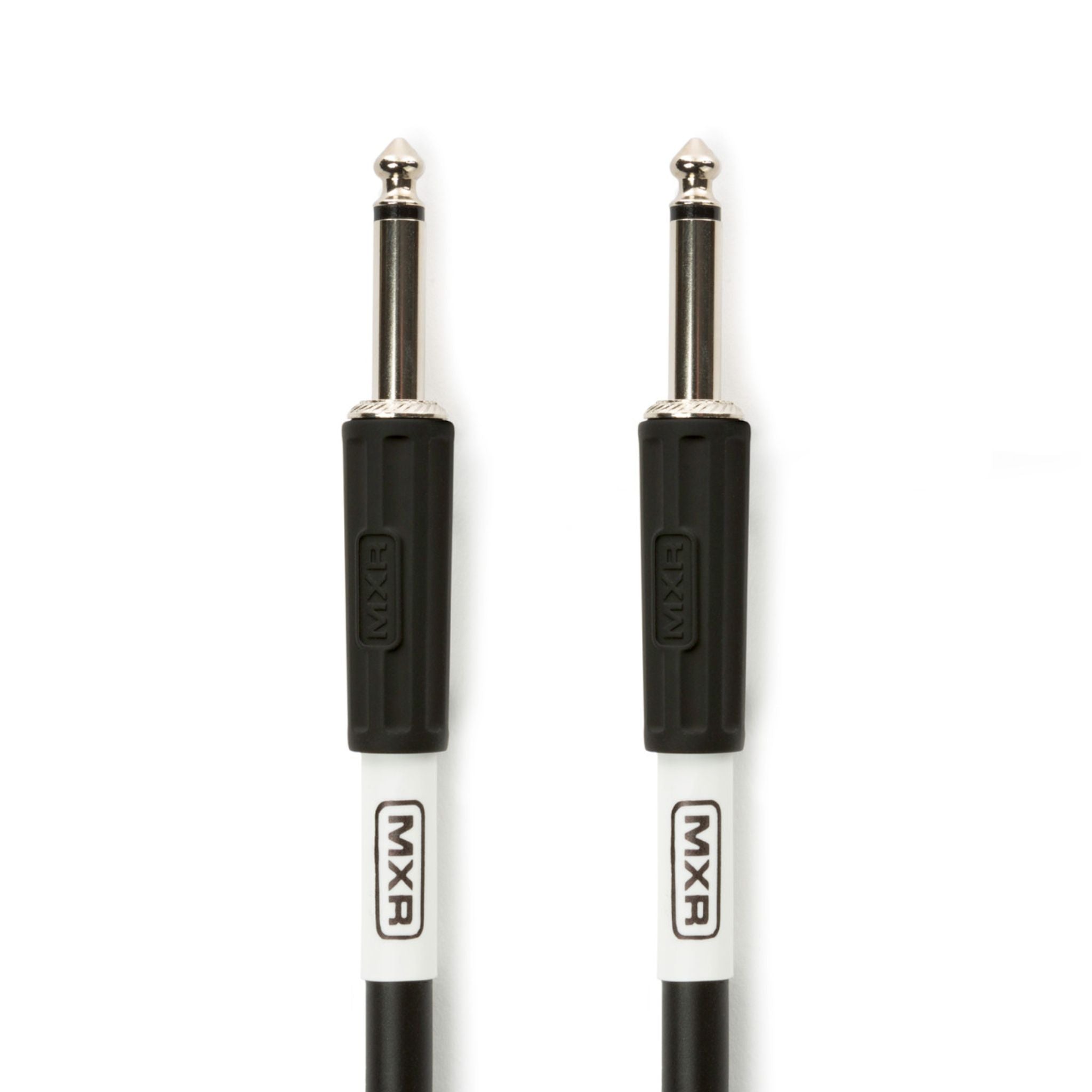 Close-up of MXR Standard Instrument Cable 20 ft DCIS20 straight 1/4 inch connectors, built for dependable signal transfer between electronic drum kits, guitars, keyboards, and amplifiers.