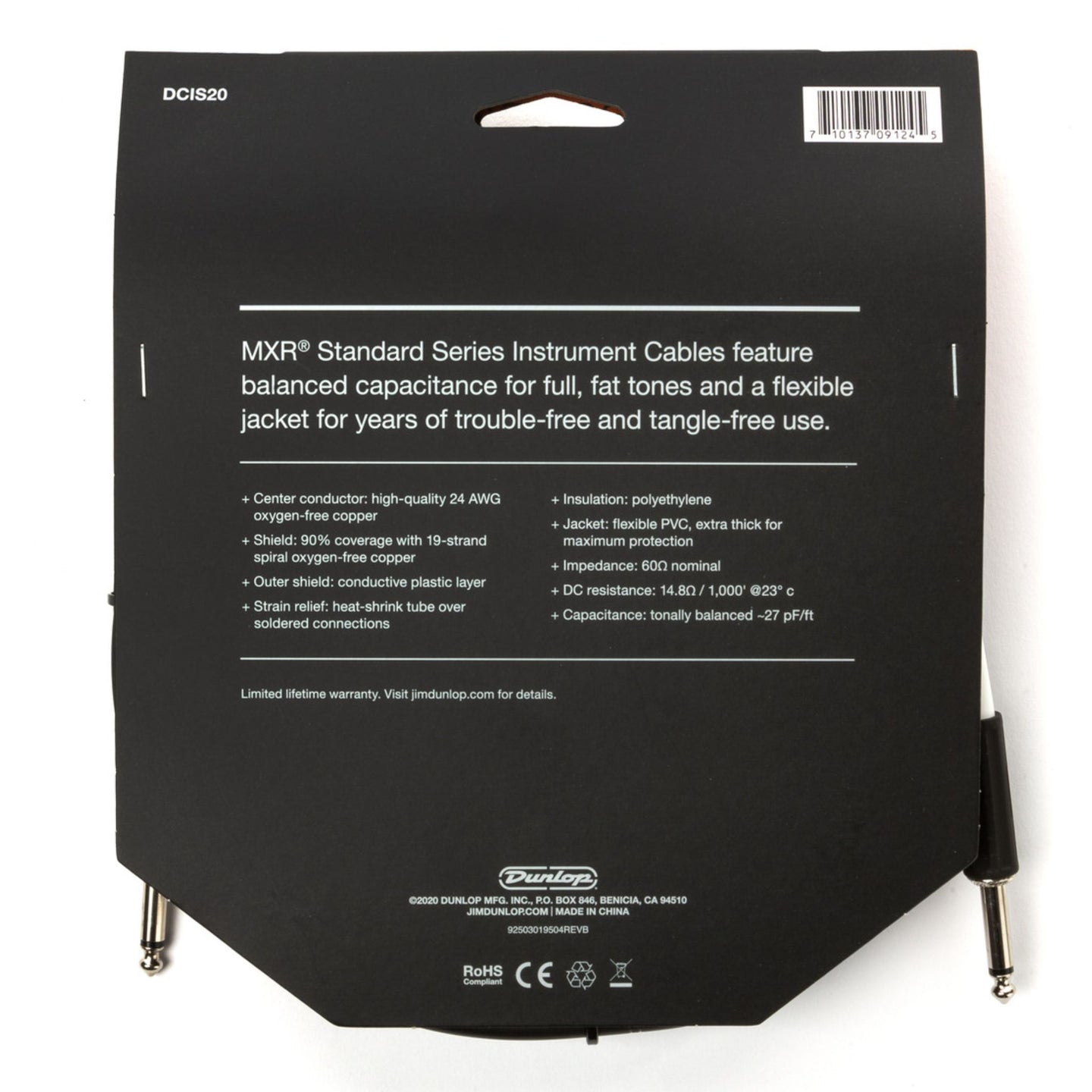 Rear packaging view of MXR Standard Instrument Cable 20 ft DCIS20 showing product specifications and construction details for reliable instrument and electronic drum kit connections.