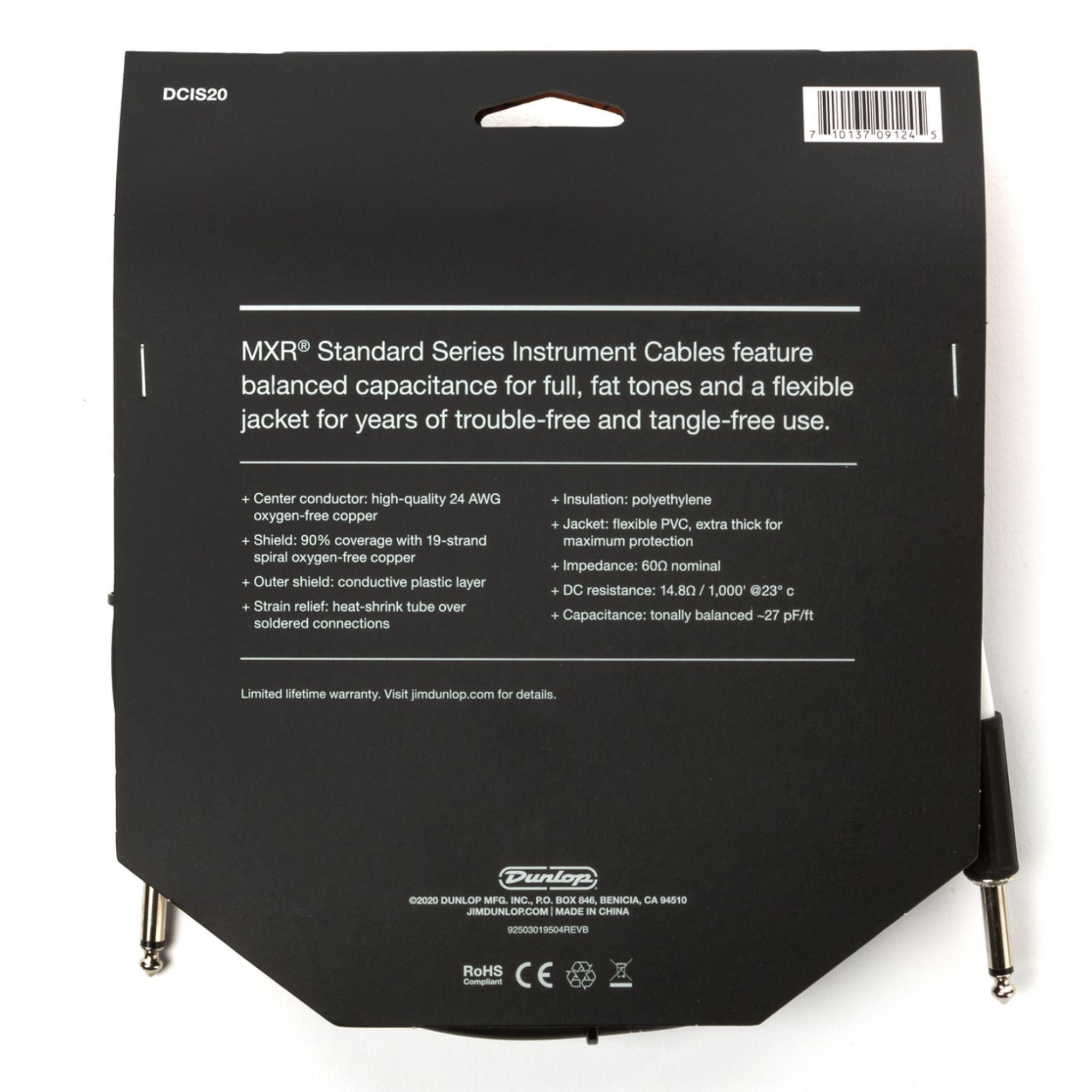 Rear packaging view of MXR Standard Instrument Cable 20 ft DCIS20 showing product specifications and construction details for reliable instrument and electronic drum kit connections.