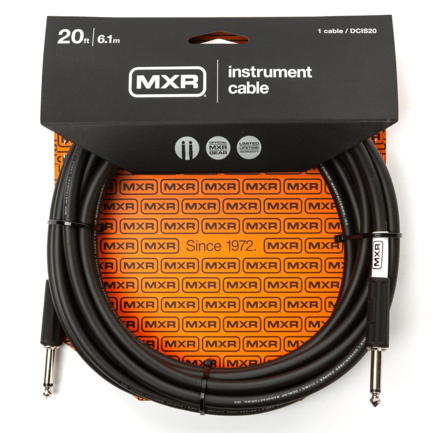 MXR Standard Instrument Cable 20 ft DCIS20 with straight 1/4 inch connectors in retail packaging, designed for connecting an electronic drum kit to an amplifier, speaker, or audio interface.