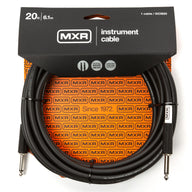 MXR Standard Instrument Cable 20 ft DCIS20 with straight 1/4 inch connectors in retail packaging, designed for connecting an electronic drum kit to an amplifier, speaker, or audio interface.
