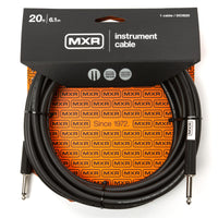 MXR Standard Instrument Cable 20 ft DCIS20 with straight 1/4 inch connectors in retail packaging, designed for connecting an electronic drum kit to an amplifier, speaker, or audio interface.