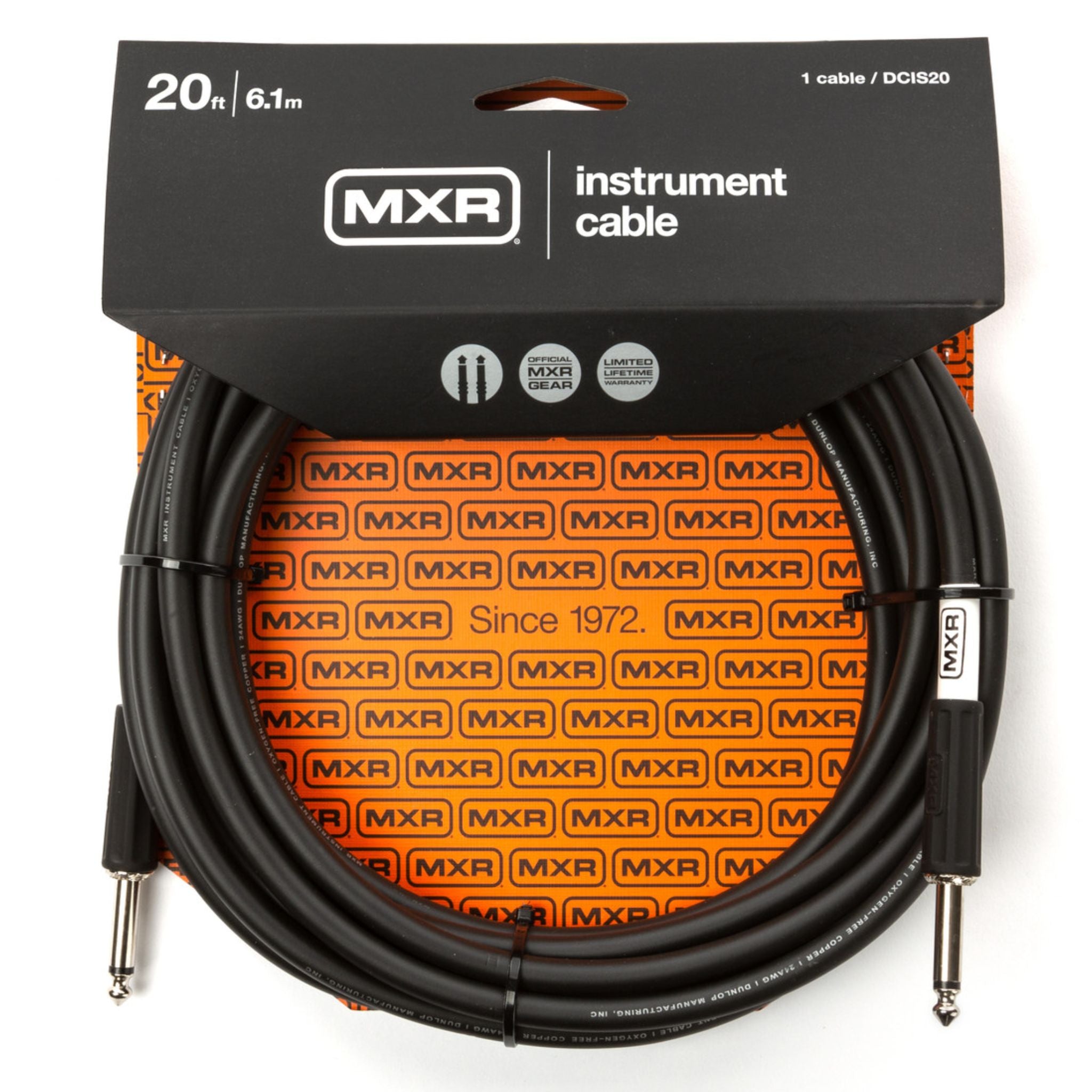 MXR Standard Instrument Cable 20 ft DCIS20 with straight 1/4 inch connectors in retail packaging, designed for connecting an electronic drum kit to an amplifier, speaker, or audio interface.
