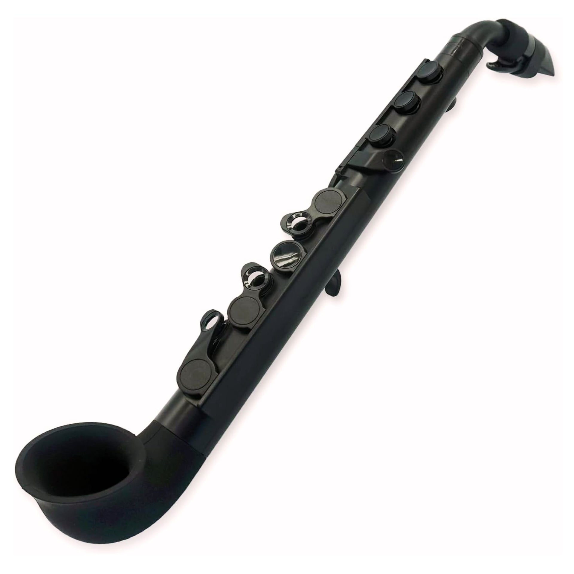 black beginner mini saxophone showing lightweight compact design and traditional fingering layout