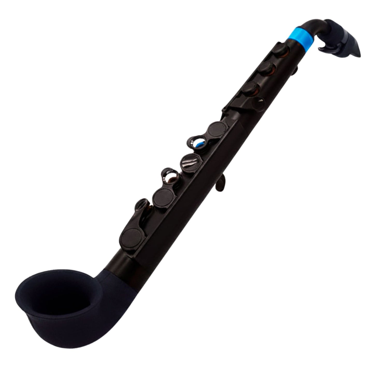 Jsax black and blue mini saxophone on white background showing lightweight compact design and traditional fingering layout