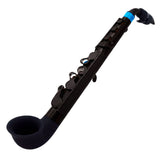 Jsax black and blue mini saxophone on white background showing lightweight compact design and traditional fingering layout