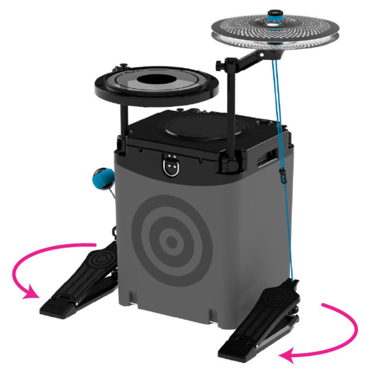 NUVO Zip-Kit Essential showing how the kick and hi-hat pedals can be repositioned and adjusted for different playing setups.