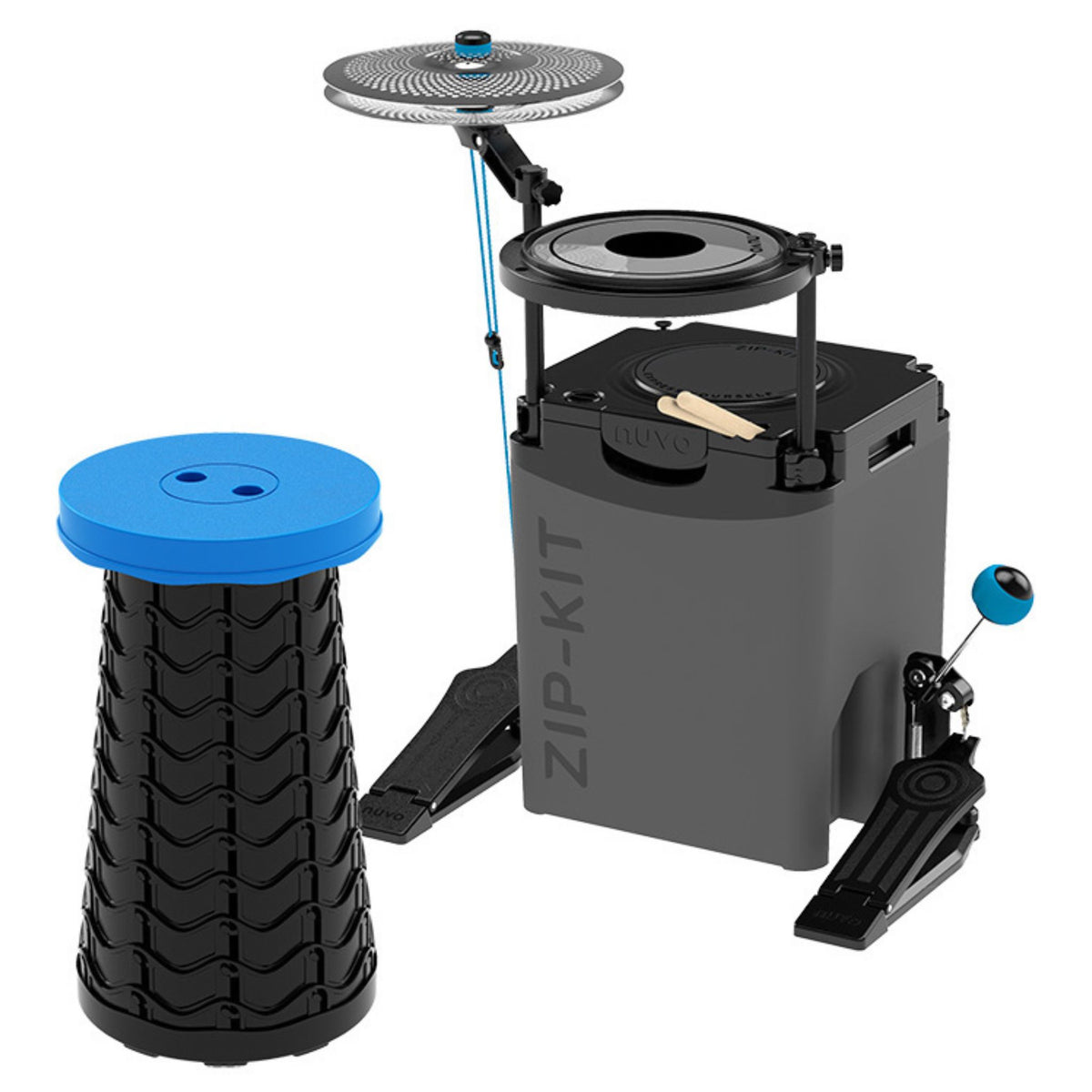 NUVO Zip-Kit Essential compact acoustic drum kit with snare, hi-hat, bass drum, kick pedal, practice pad and adjustable stool.