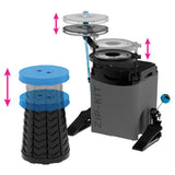 NUVO Zip-Kit Essential showing adjustable stool, snare and hi-hat heights for different player sizes.