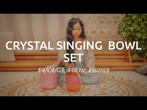 Meinl Sonic Energy 3-Piece Essence Crystal Singing Bowl Set E4 C4 G3 440Hz ECSBSETECG being played to demonstrate harmonic triad tones, rich quartz crystal resonance, and long-lasting vibrations for meditation, sound therapy, yoga, and immersive sound exploration.