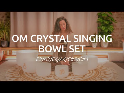 Meinl Sonic Energy 6-Piece Om Crystal Singing Bowl Set CSBSETOM6 being played to demonstrate bright harmonic tones, Om 136.10 Hz resonance, layered crystal bowl soundscapes, and long-lasting quartz vibrations for meditation, sound therapy, mindfulness, and immersive sound exploration.