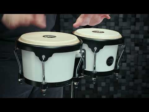 Detailed demonstration and performance of Meinl Journey Series bongo drums in white, showcasing playability, tone, and features in a professional studio setting from multiple angles.
