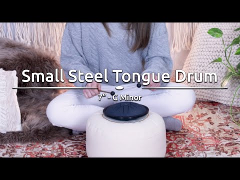 7 inch steel tongue drum being played to demonstrate soothing G Minor tones and expressive melodic resonance for meditation, sound therapy, and relaxation