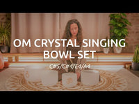 Meinl Sonic Energy 4-Piece Om Crystal Singing Bowl Set CSBSETOM4 being played to demonstrate bright harmonic tones, Om 136.10 Hz resonance, and long-lasting quartz crystal vibrations for meditation, sound therapy, mindfulness, and immersive sound exploration.