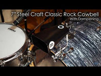 Video demonstration of the Meinl Classic Rock Big Mouth Cowbell 7 inch Low Pitch SCL70B-BK, highlighting its deep tone, cutting projection, and mounted playing application.