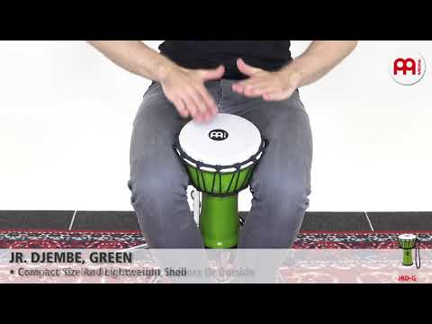Video demonstration of the Meinl Junior Djembe Drum 7 inch Green JRD-G being played, showcasing tone, responsiveness, and portable design