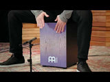 Performance video of the Meinl Snare Cajon Headliner Series Lilac Purple Fade MCAJ100BK-LPF — musician playing the cajon, demonstrating rhythm, technique, and professional percussion sound.