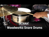 Video demonstrating the Tama Woodworks Snare Drum 14" x 5.5" Black Oak WP1455BK-BOW, showcasing its warm poplar shell tone, crisp attack, and responsive snare sound.
