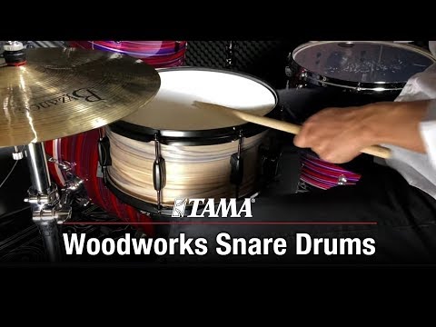 Video demonstrating the Tama Woodworks Snare Drum 14" x 5.5" Black Oak WP1455BK-BOW, showcasing its warm poplar shell tone, crisp attack, and responsive snare sound.
