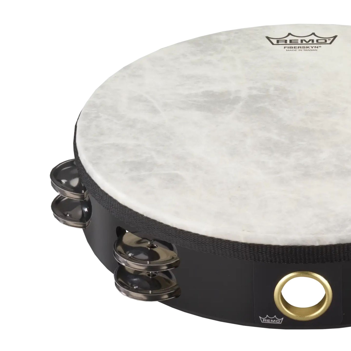 Close-up of the Remo Fiberskyn Tambourine 10" Double Row Jingles TA-5210-70 showing the Fiberskyn drum head, Acousticon shell, and double row jingles.