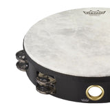 Close-up of the Remo Fiberskyn Tambourine 10" Double Row Jingles TA-5210-70 showing the Fiberskyn drum head, Acousticon shell, and double row jingles.
